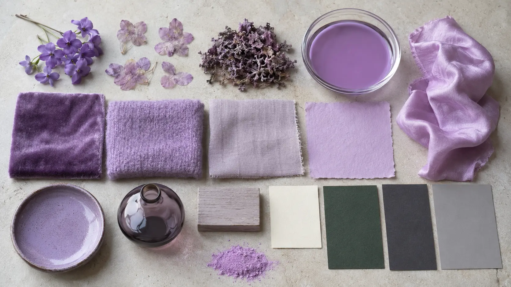 Étude de matières parme réunissant violettes fraîches et pressées, lichen d’orseille, solution de teinture, velours, laine, lin, soie, céramique mate, verre violet fumé et cartes vert forêt