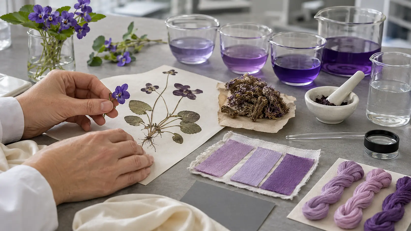 Table de conservation textile avec violettes, spécimen botanique pressé, lichen d’orseille, solutions colorantes, échantillons vierges de soie et de laine teints du violet doux au parme