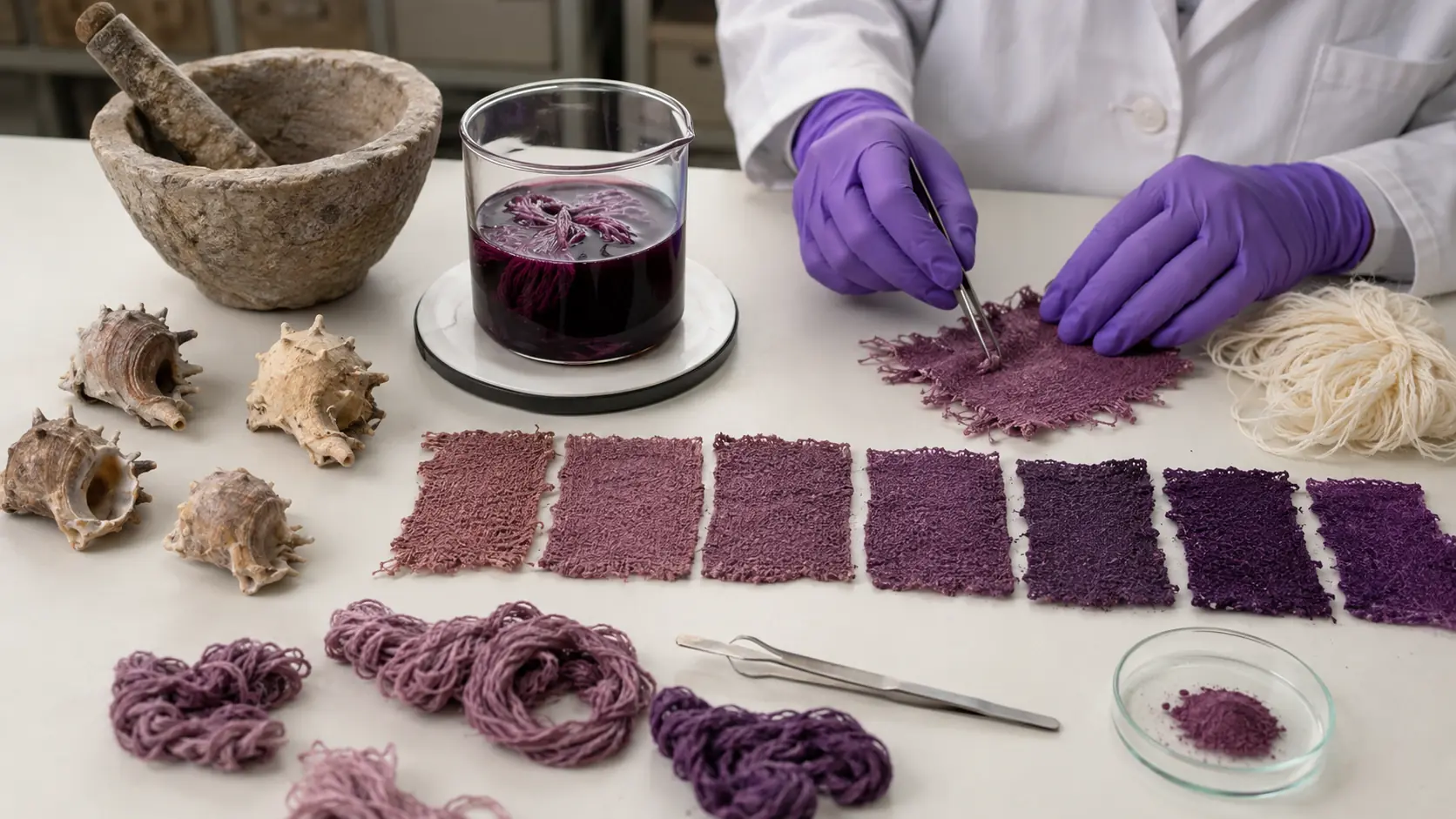 Atelier de conservation sur l’origine du pourpre avec coquillages de type murex, bain de teinture reconstitué et fragments textiles rouge violacé