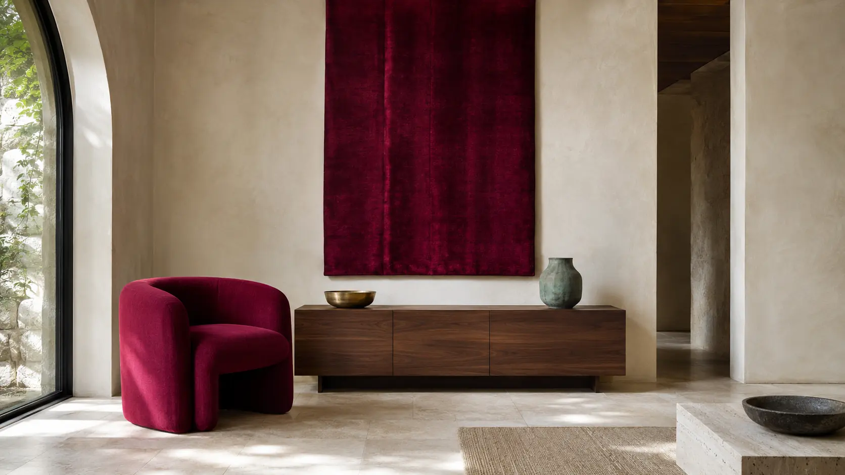 Intérieur contemporain lumineux avec grande tenture de velours pourpre, assise pourpre, murs ivoire, console en noyer, sol calcaire, laiton brossé et petit accent vert-de-gris
