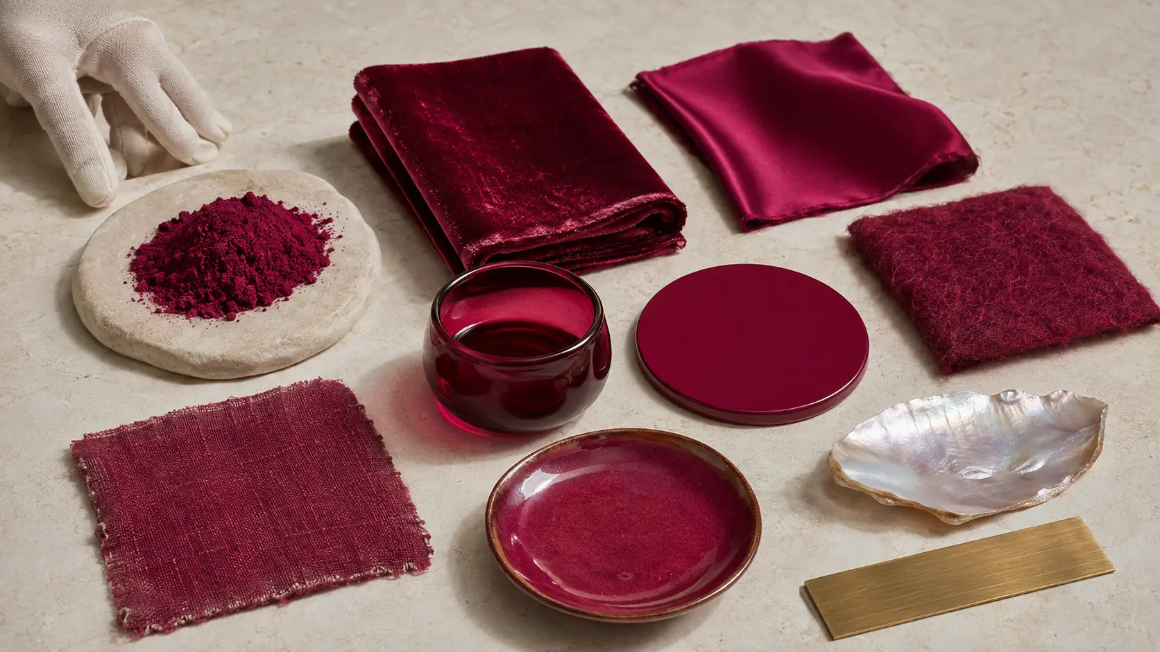 Étude de matières pourpre réunissant pigment sec, velours, soie, laine, lin teint, verre coloré, laque mate, céramique émaillée, nacre et laiton brossé sous une lumière commune