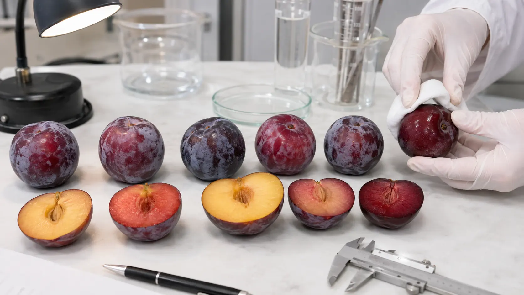 Table d’observation botanique avec plusieurs variétés de prunes violettes et rouge sombre, fruits entiers et coupés, peau avec pruine intacte puis essuyée, pulpes différentes, mains gantées