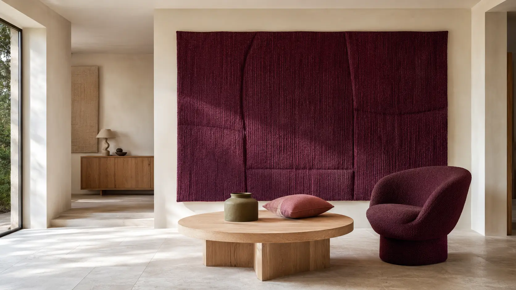 Intérieur contemporain lumineux avec panneau textile prune, assise prune, murs ivoire, table en chêne clair, sol calcaire, coussin rose poudré et céramique olive