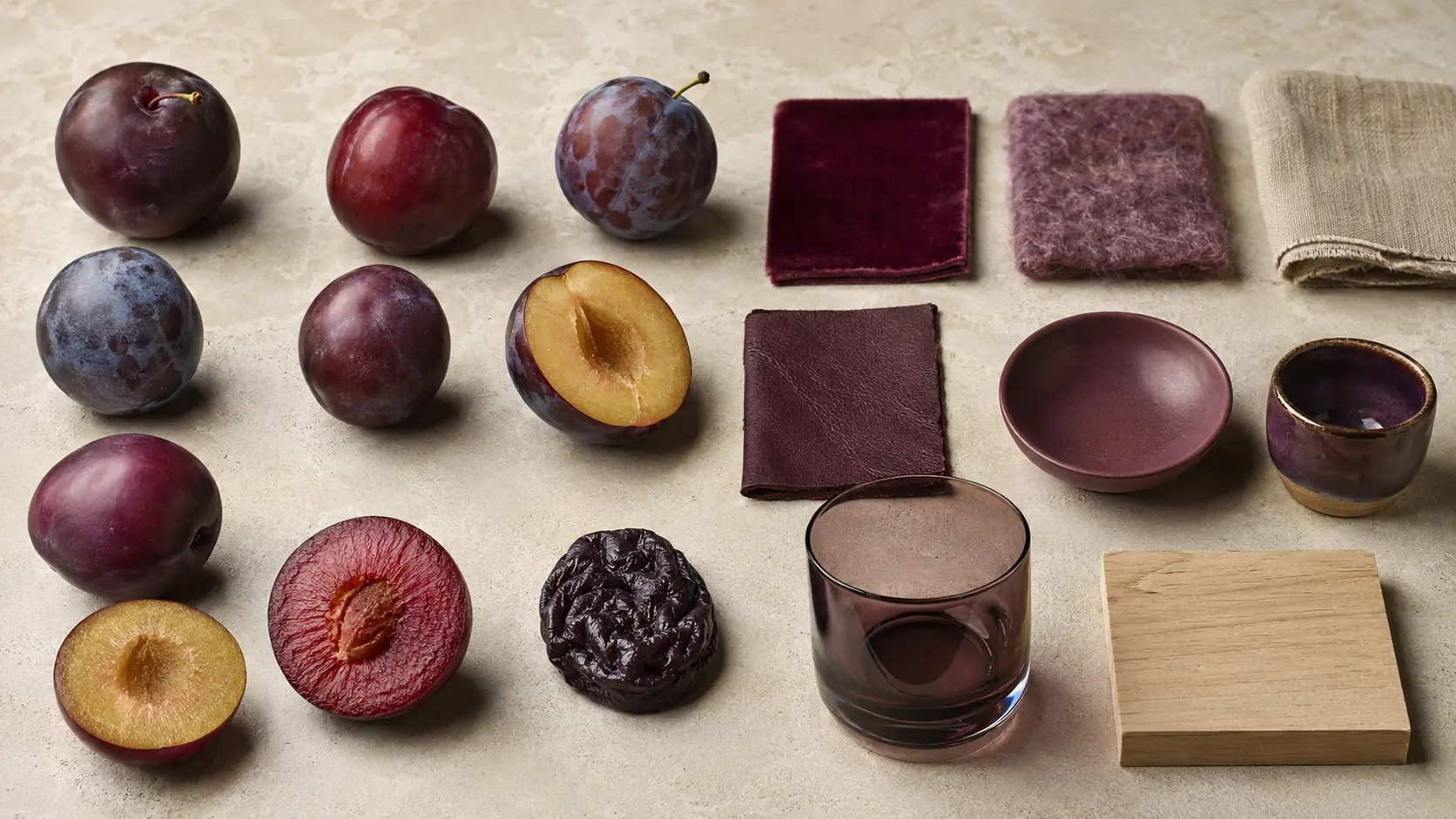 Étude de matières prune réunissant plusieurs prunes entières et coupées, peau avec et sans pruine, pulpe, velours, laine, lin, cuir, céramique mate et émaillée, verre fumé et bois clair