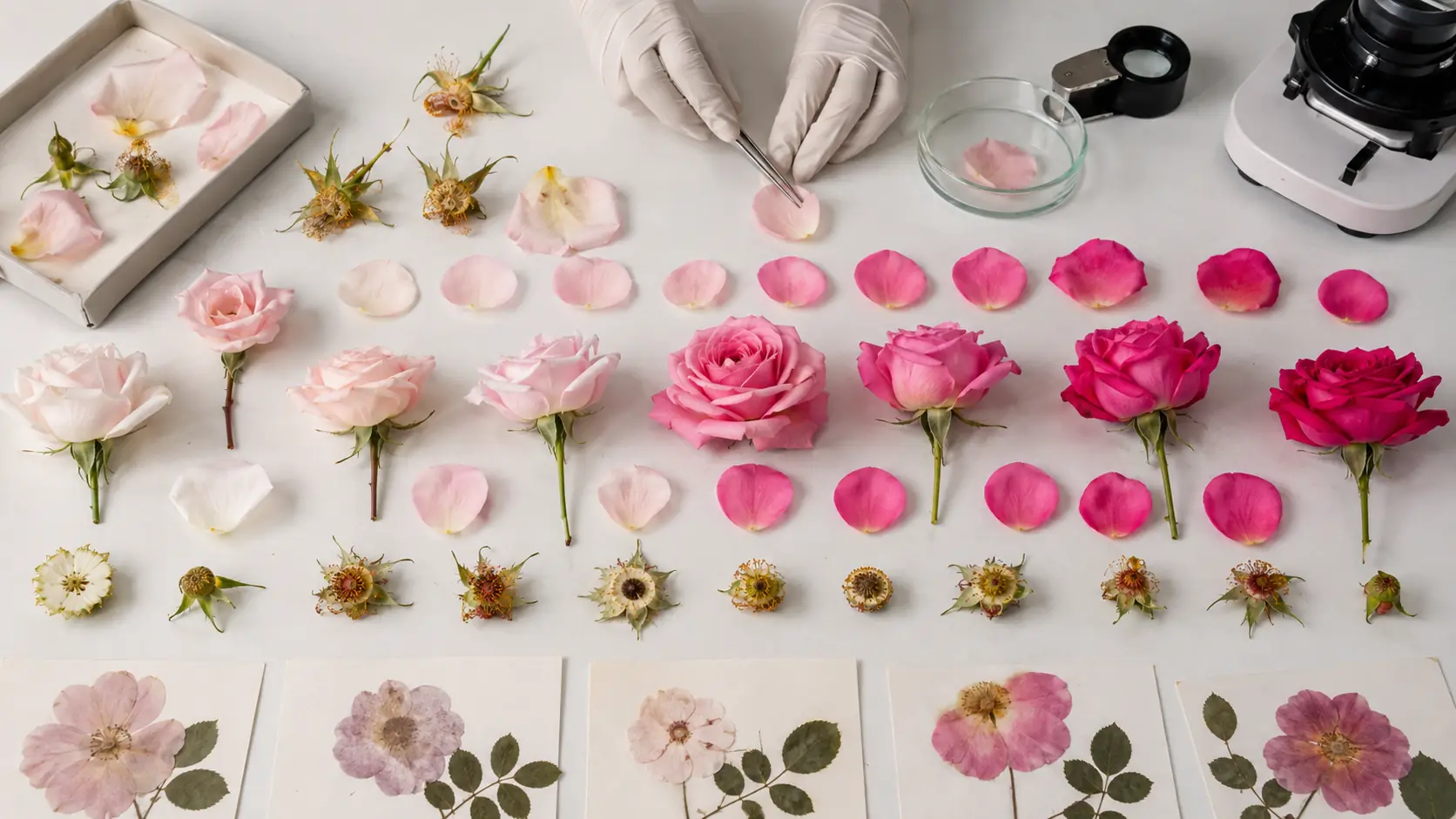 Table d’observation botanique avec plusieurs roses réalistes du rose pâle au rose soutenu, pétales séparés, coupes de fleurs, spécimens pressés