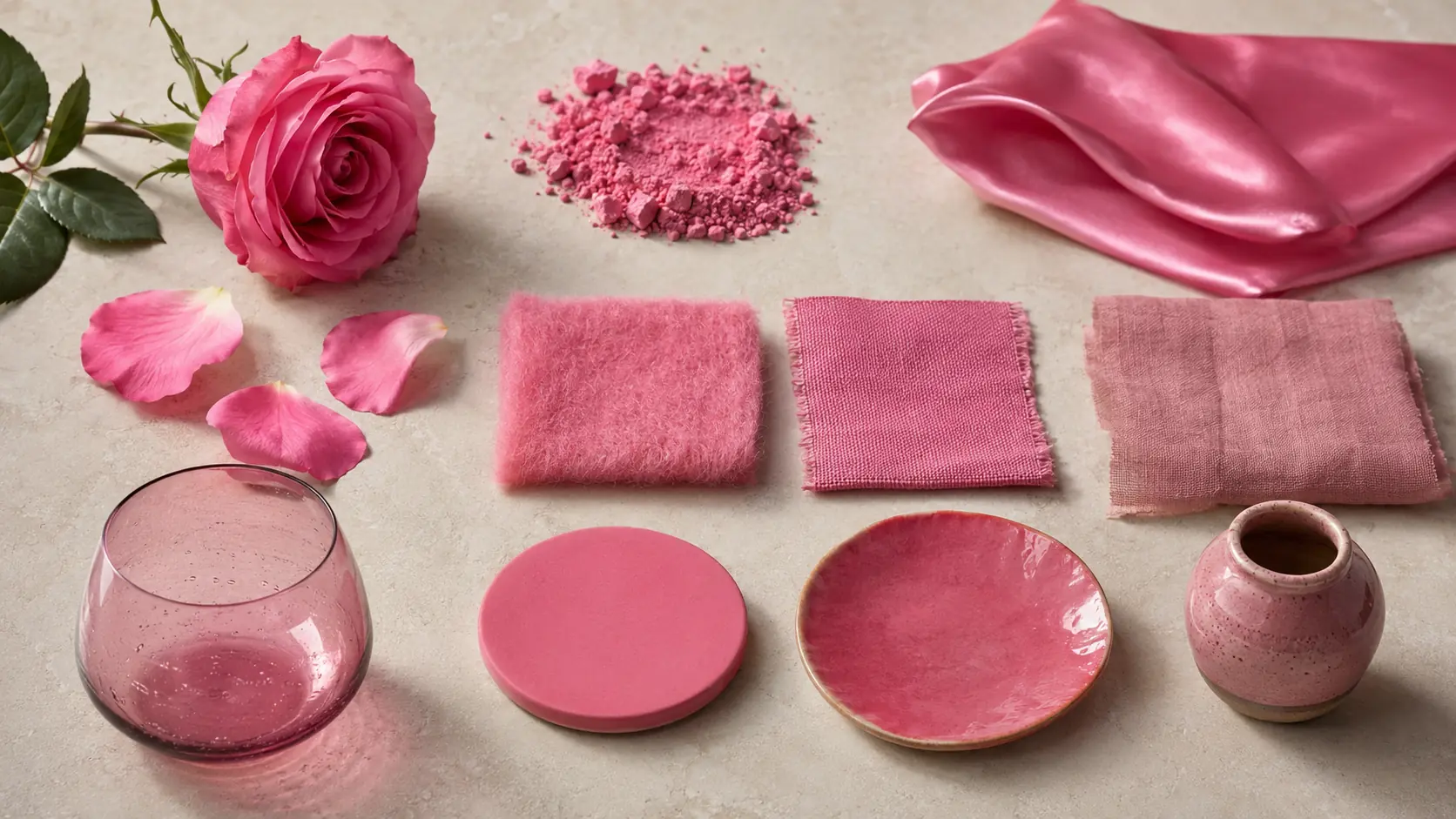 Étude de matières rose réunissant pétales et fleur fraîche, pigment sec, soie, laine, coton, lin teint, verre translucide, laque mate et céramique émaillée sous une lumière commune