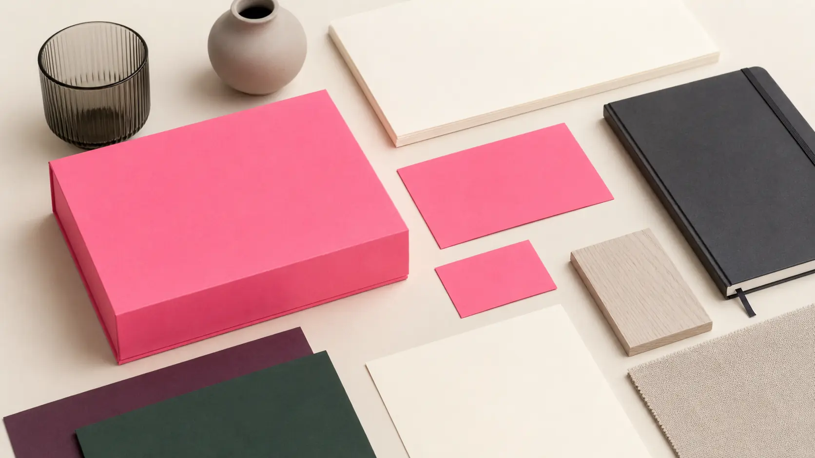 Système d’identité sans marque avec boîte et cartes rose vierges, papiers ivoire, carnet anthracite, feuilles vert forêt et prune, frêne clair, verre fumé et céramique mate