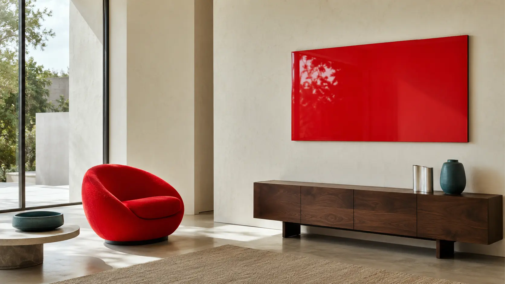 Intérieur contemporain lumineux avec grand panneau de laque rouge, assise en laine rouge, murs blanc chaud, console en noyer sombre, sol en béton clair, acier brossé et objet bleu pétrole