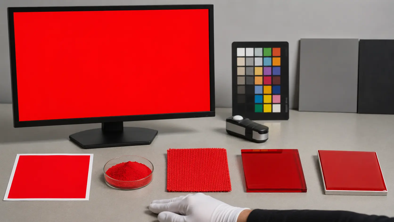 Studio colorimétrique comparant un carré rouge affiché sur écran sans interface, une épreuve imprimée rouge, pigment sec, textile rouge