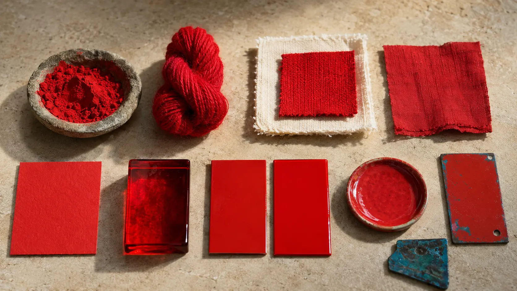 Étude de matières rouge réunissant pigment sec, laine, coton, lin teint, papier non couché, verre translucide, laque mate et brillante