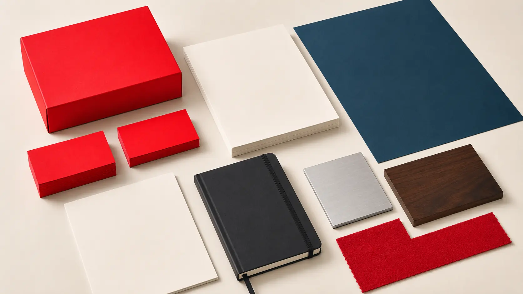 Système d’identité sans marque avec boîte et cartes rouges vierges, papiers blanc chaud, carnet encre, grande feuille bleu pétrole, plaque d’acier brossé, noyer sombre et textile rouge