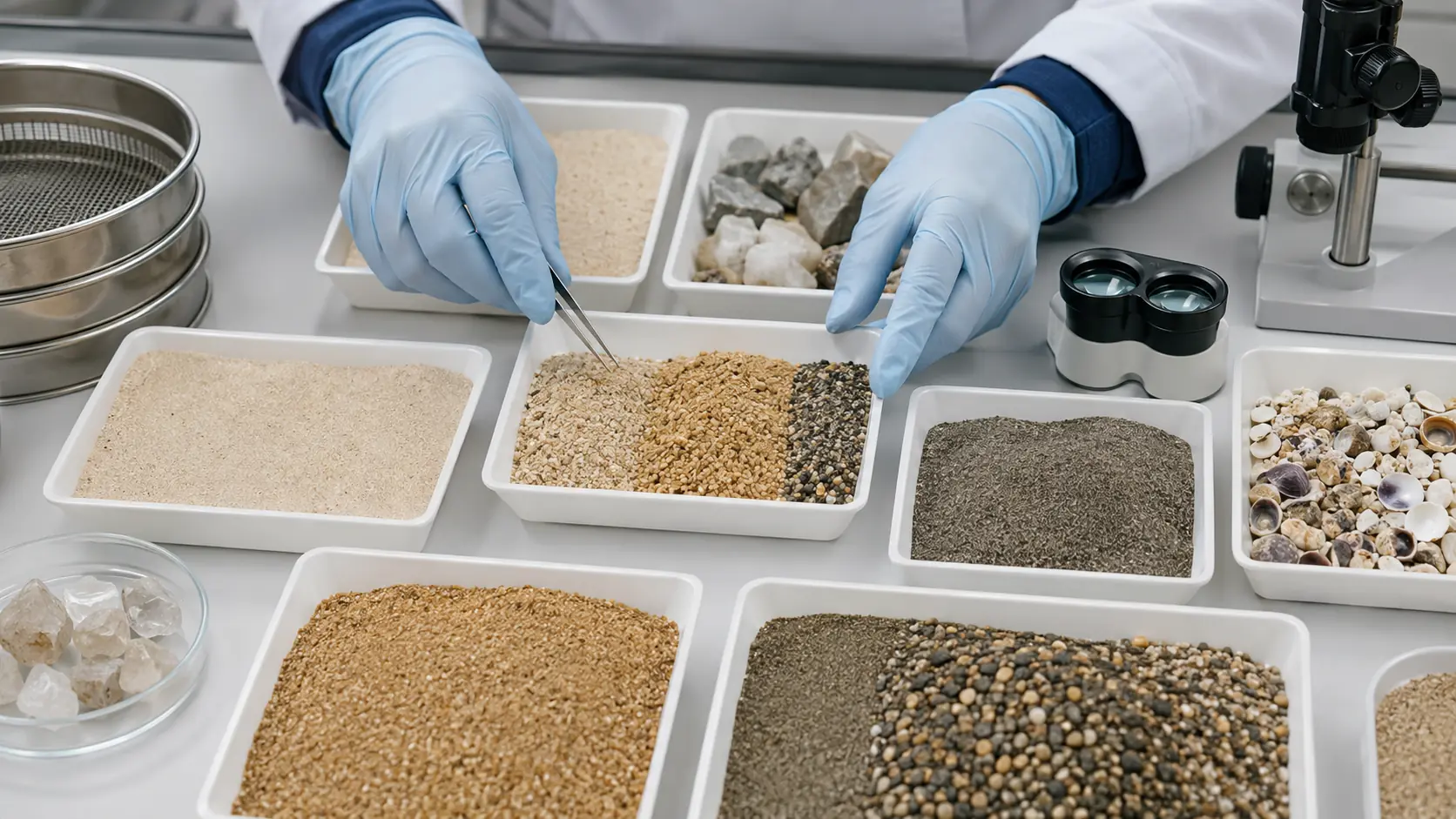 Table de géologie avec plusieurs échantillons de sable du clair au brun grisé, coupelles de grains fins et grossiers, tamis, loupe binoculaire, quartz, coquilles