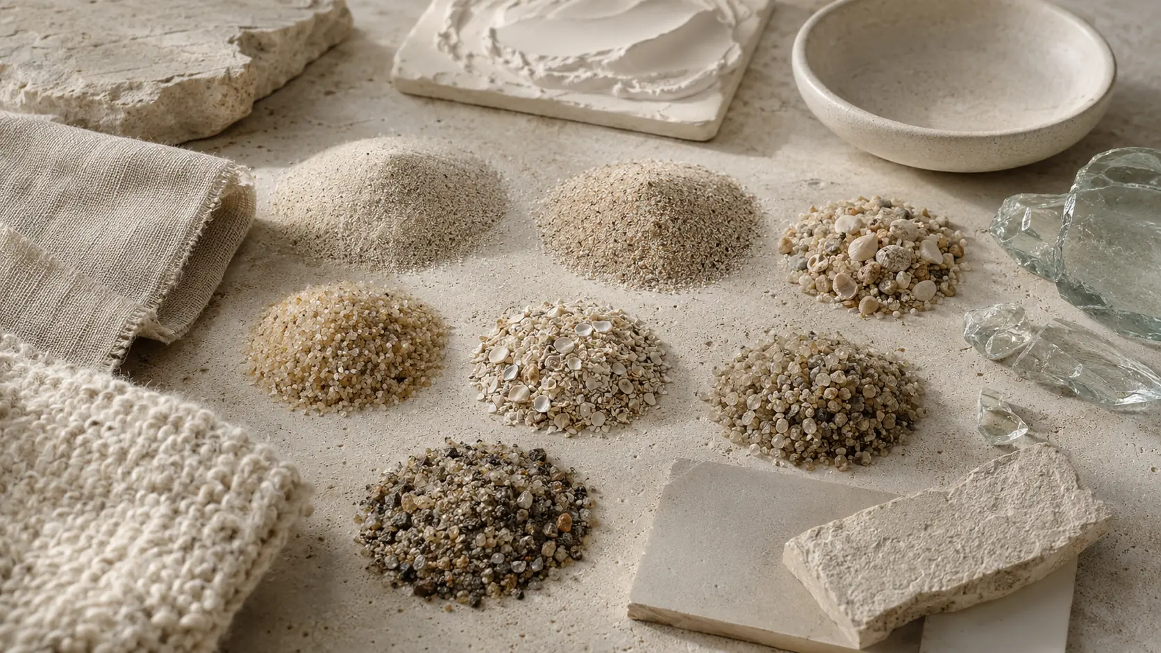 Étude de matières sable réunissant plusieurs sables naturels séparés, grains de quartz, fragments de coquille, petits minéraux sombres, lin, laine, enduit à la chaux