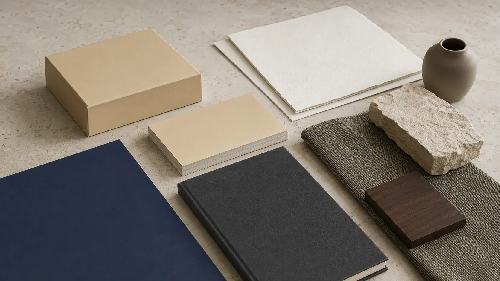 Système d’identité sans marque avec boîte sable et cartes vierges, papiers blanc cassé, carnet anthracite, grande feuille indigo, textile olive, noyer, calcaire et céramique mate