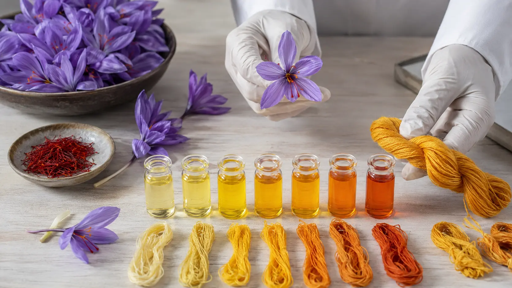 Étude botanique du safran avec fleurs de Crocus sativus, stigmates rouges, coupelles d’extraction et fils de laine et de soie teints