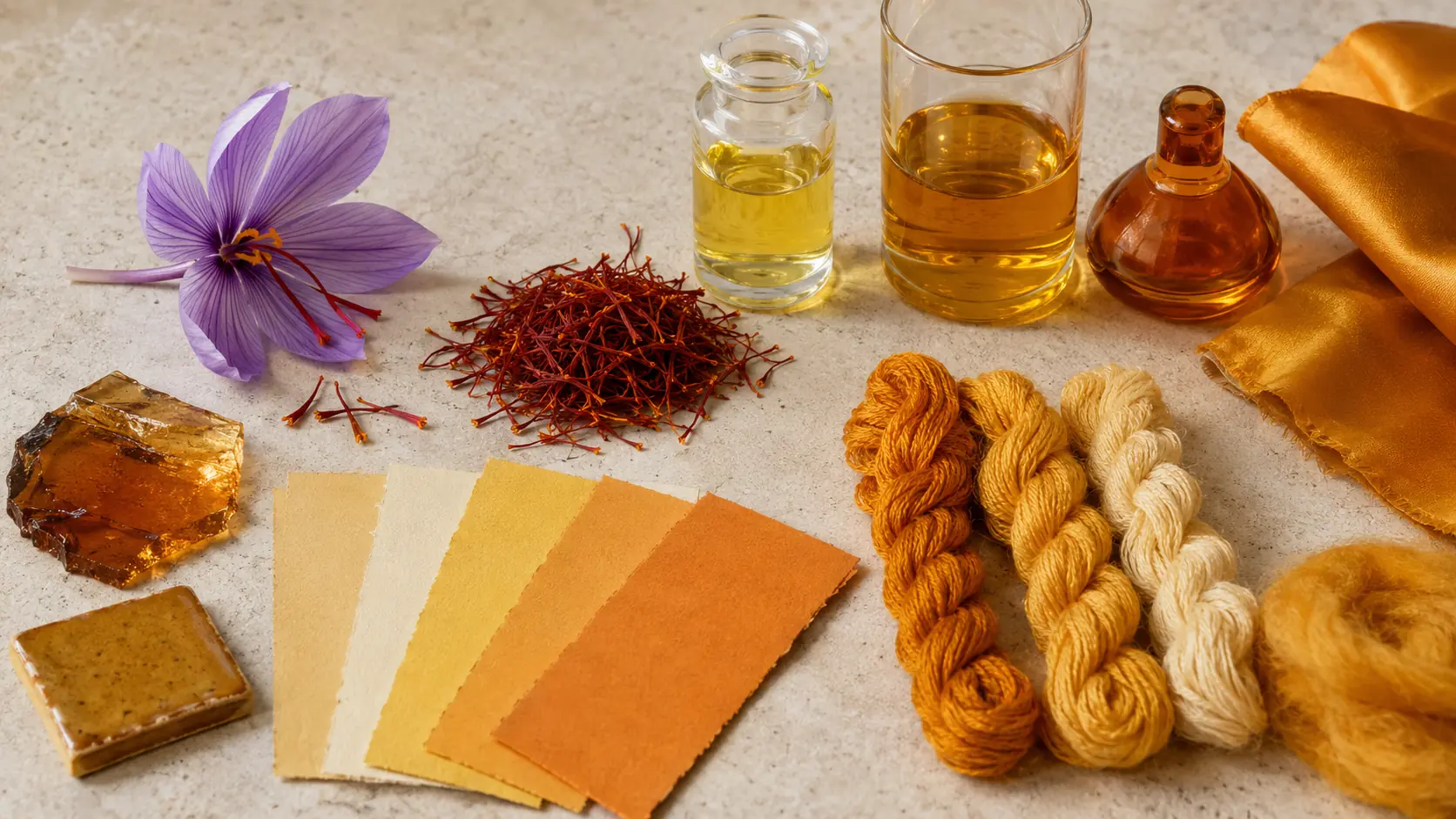 Étude de matières safran réunissant fleur de Crocus sativus, stigmates rouges séchés, infusion jaune orangé, soie, laine, coton, verre translucide, papier pigmenté et céramique émaillée