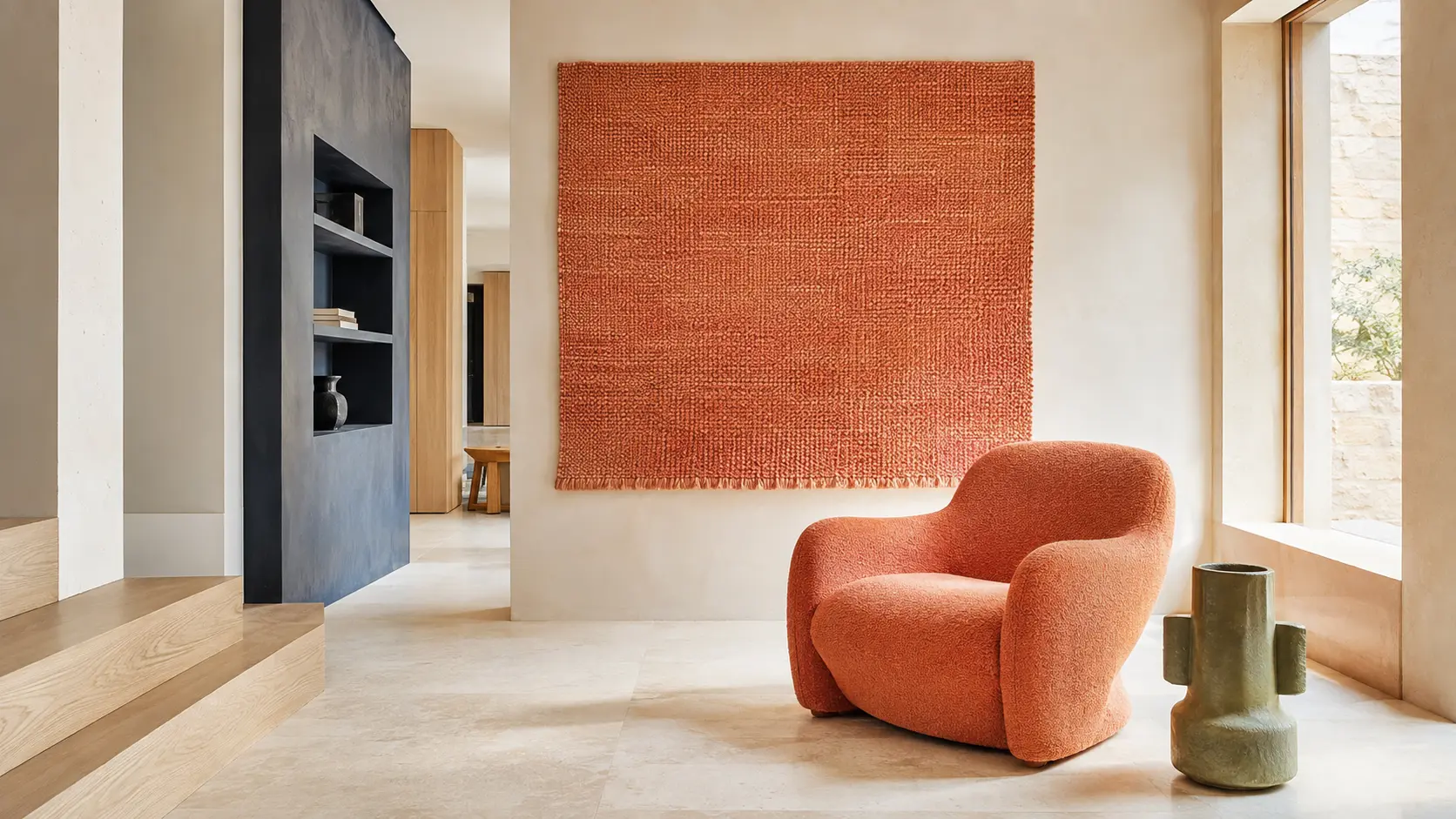 Intérieur contemporain lumineux avec grand panneau textile saumon, assise saumon, murs ivoire, chêne clair, élément bleu ardoise et petite céramique vert sauge