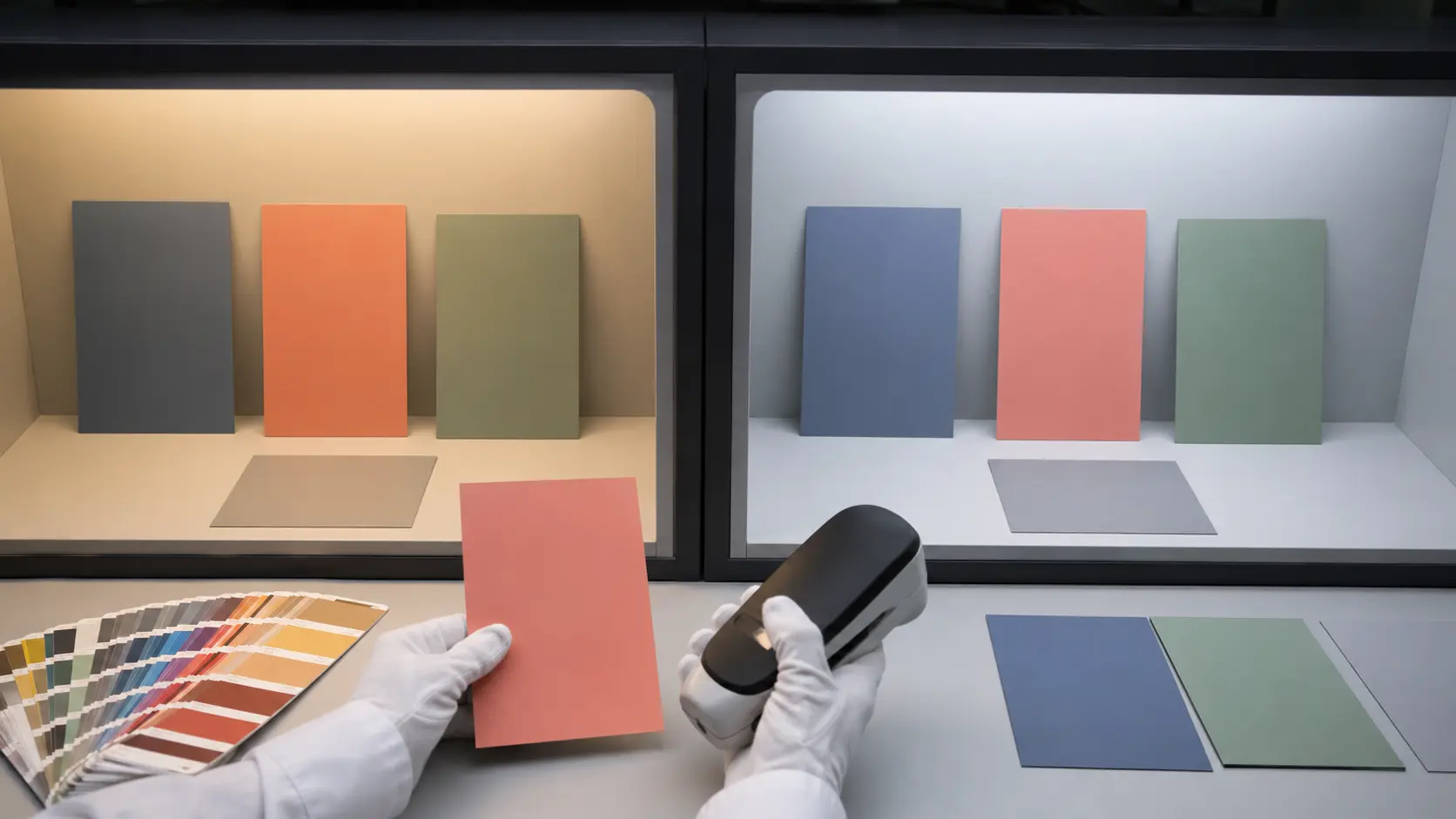 Table de contrôle couleur avec échantillons saumon identiques observés dans deux cabines lumineuses chaude et froide, cartes neutres, voisinages bleu ardoise et sauge