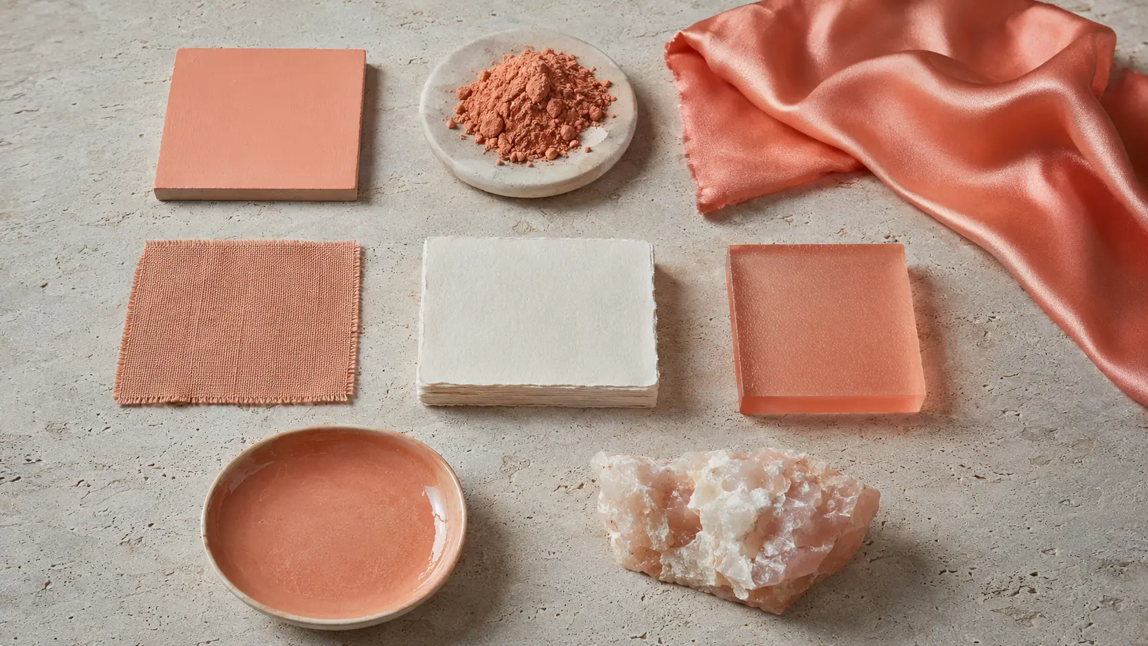 Étude de matières saumon réunissant peinture mate, pigment sec, soie, lin, papier, verre dépoli, céramique émaillée et pierre claire sous une même lumière contrôlée