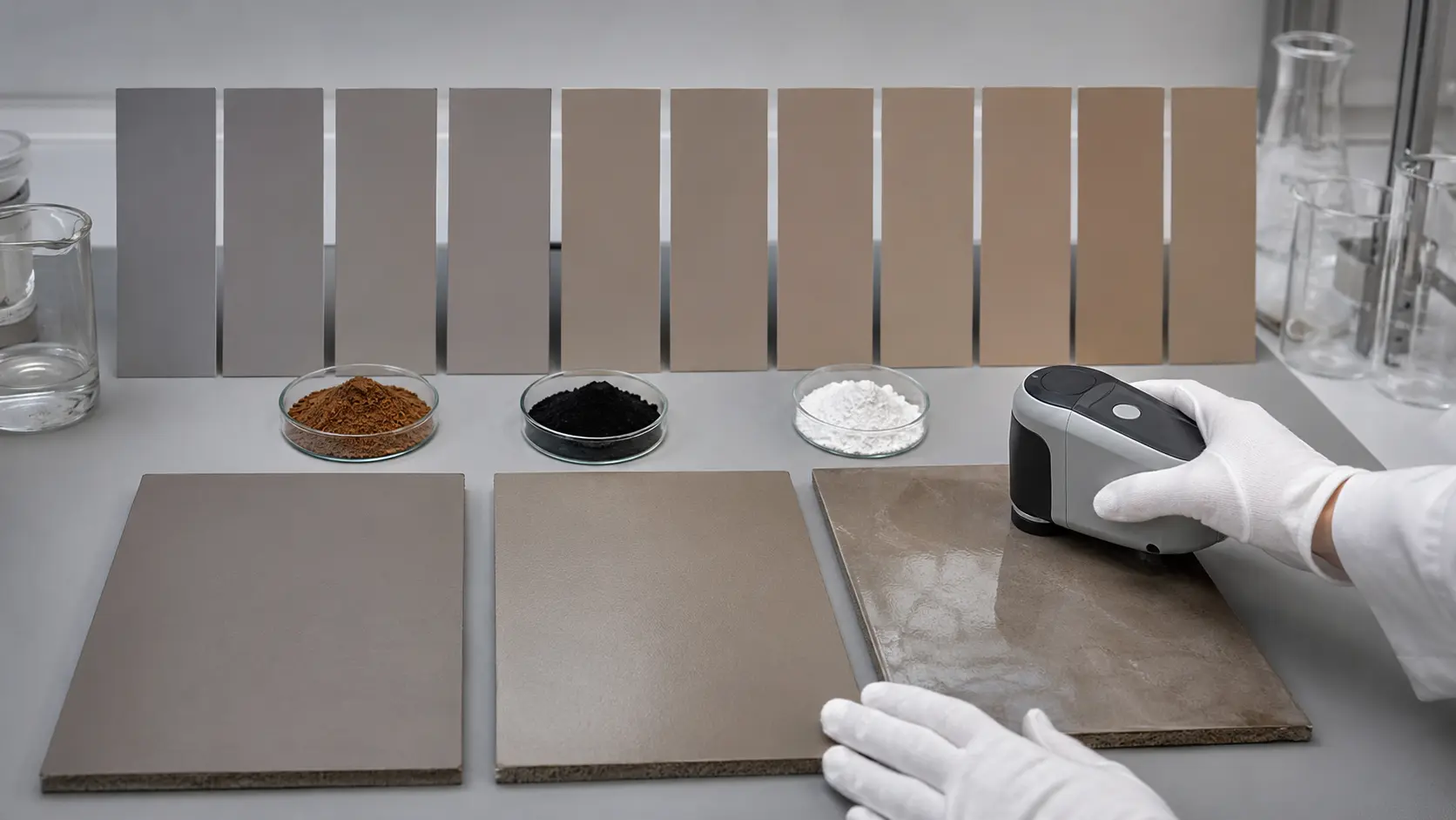 Table de laboratoire couleur avec plusieurs échantillons gris-bruns taupe, pigments terre brune, noir et blanc, surfaces mates satinées et enduit poli, cabine de lumière neutre