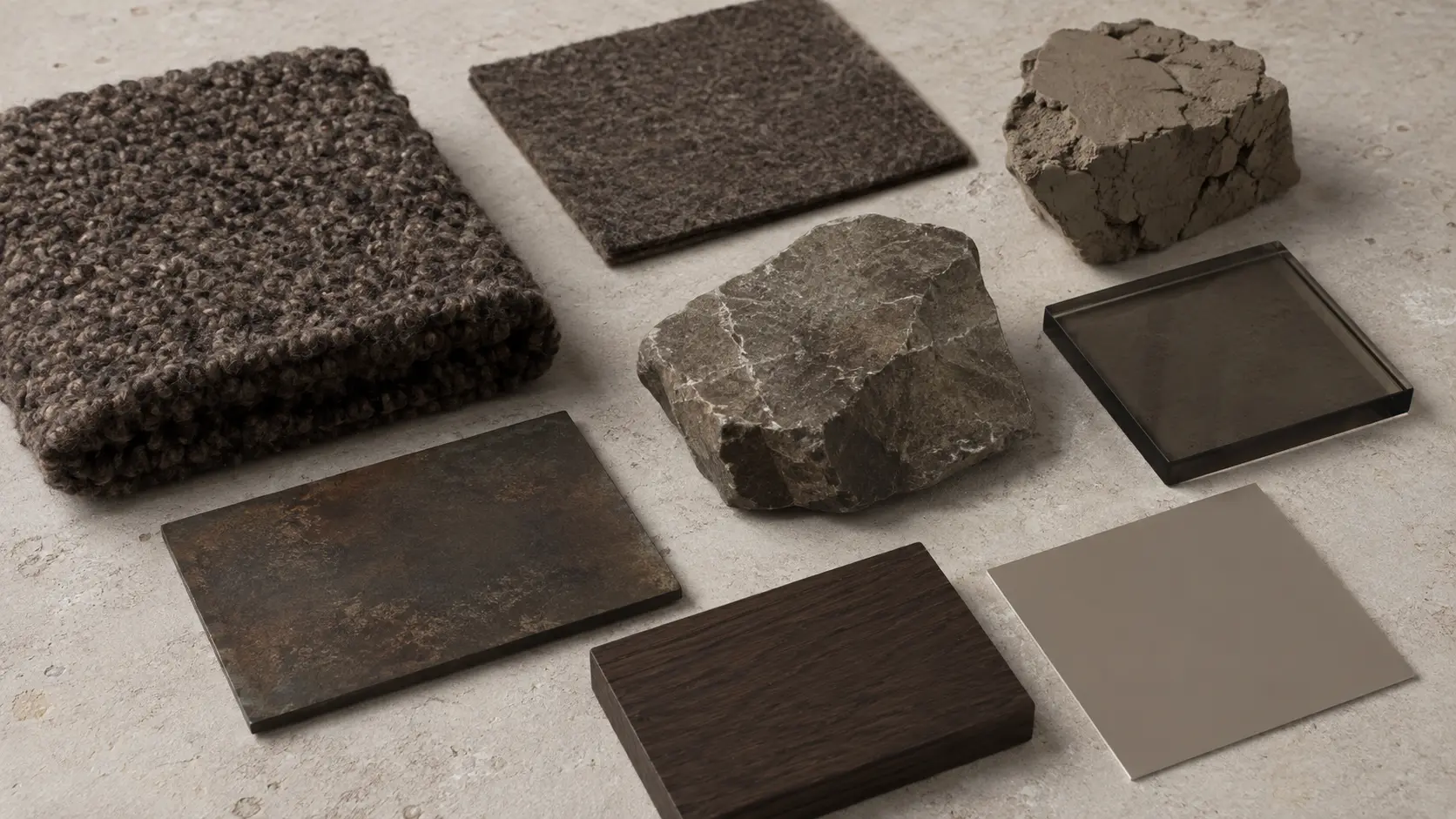 Étude de matières taupe réunissant laine bouclée, feutre, argile sèche, pierre brune grisée, verre fumé, métal patiné, bois sombre et peinture mate sous une même lumière