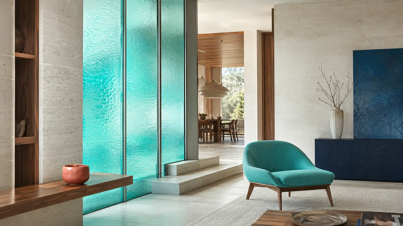 Intérieur contemporain lumineux avec grande cloison en verre texturé turquoise, assise textile turquoise, calcaire clair, noyer, bleu marine et petite céramique corail