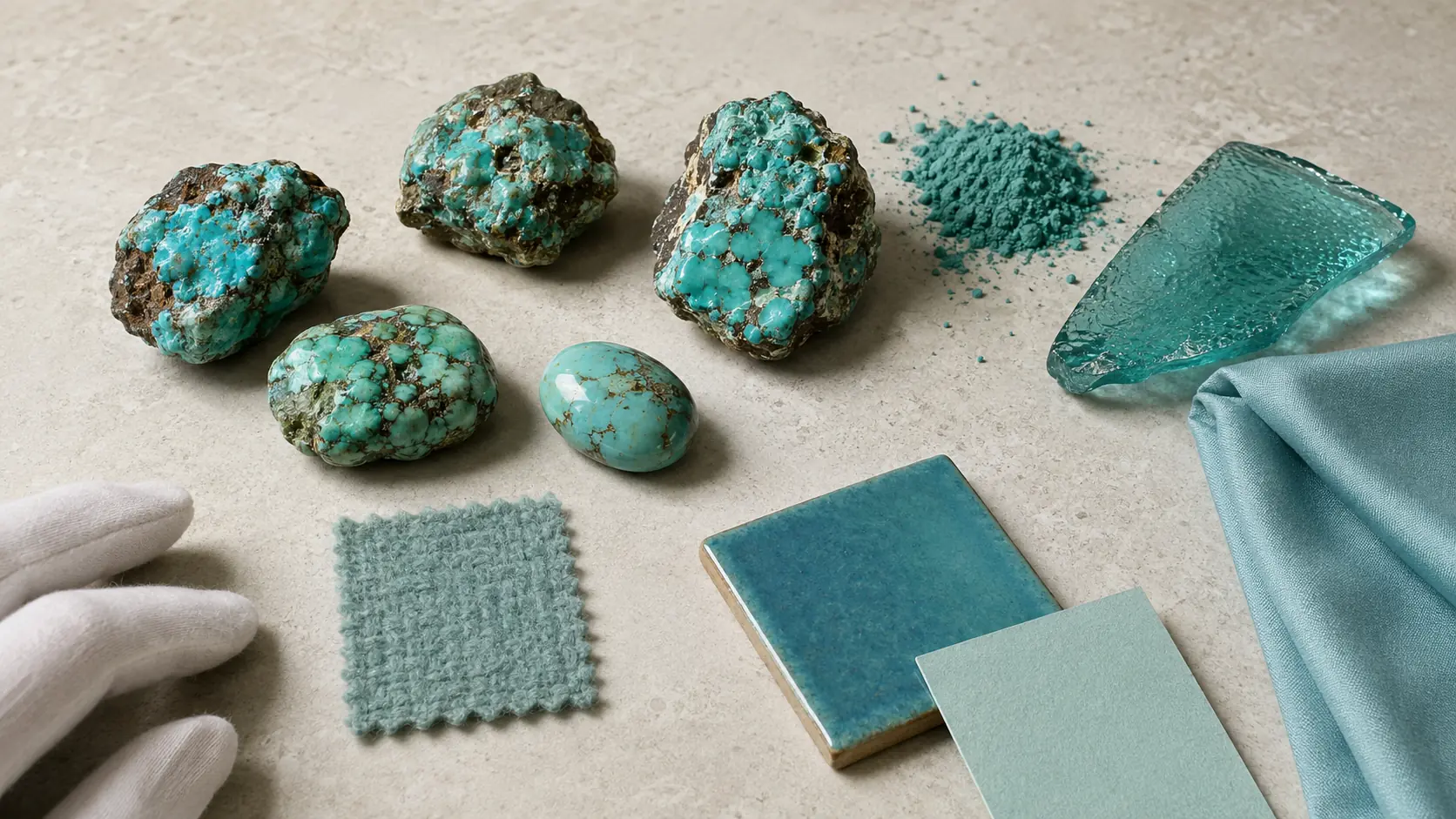 Étude de matières turquoise réunissant pierres naturelles avec matrice brune, section polie, pigment, verre, soie, laine, céramique émaillée et papier sous une lumière commune
