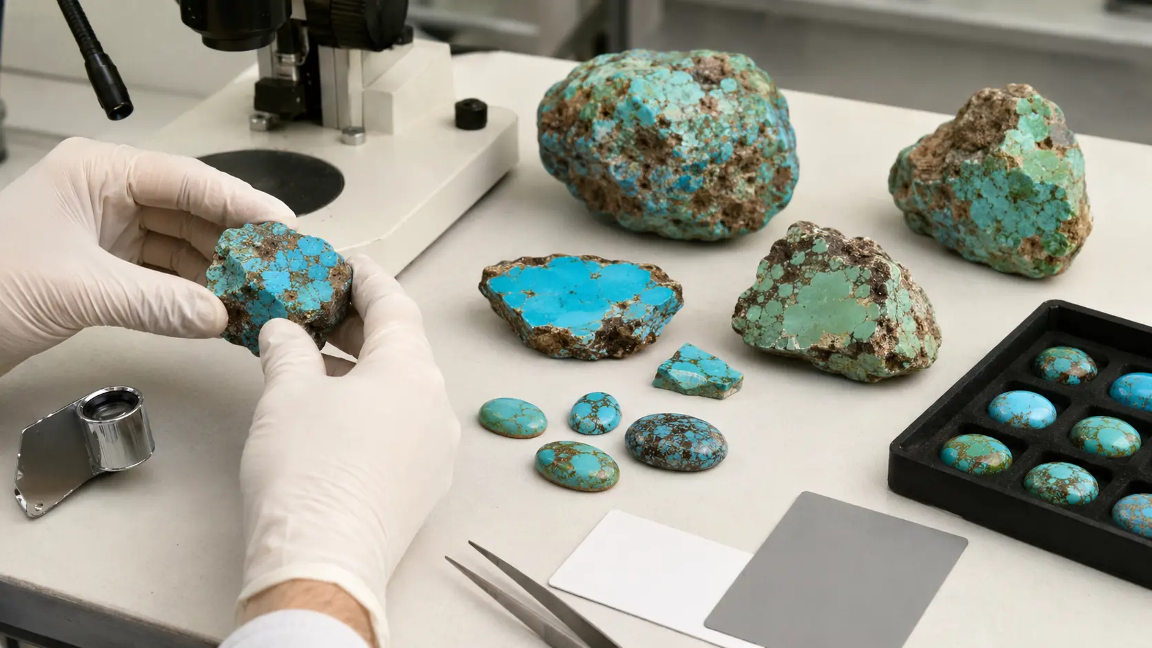 Table de gemmologie avec pierres turquoise naturelles brutes, matrices hôtes, sections polies, cabochons, loupe, microscope, cartes neutres et mains gantées