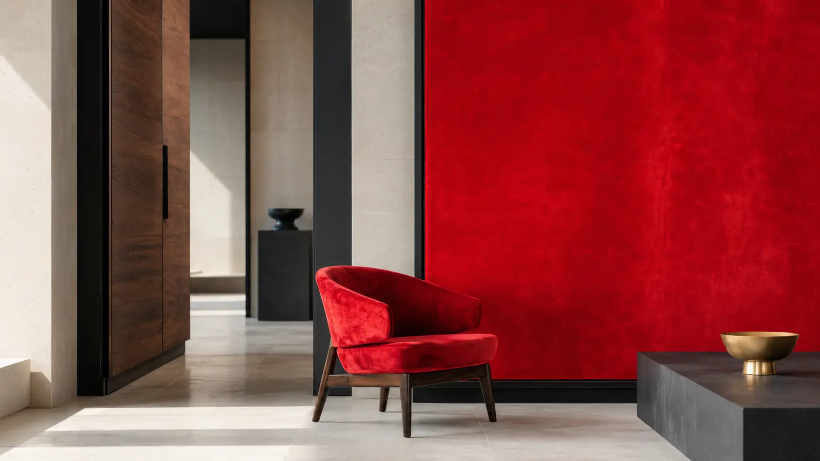 Intérieur contemporain lumineux avec grand panneau et assise en velours rouge vermeil, calcaire clair, noyer, éléments encre et petit objet en métal doré