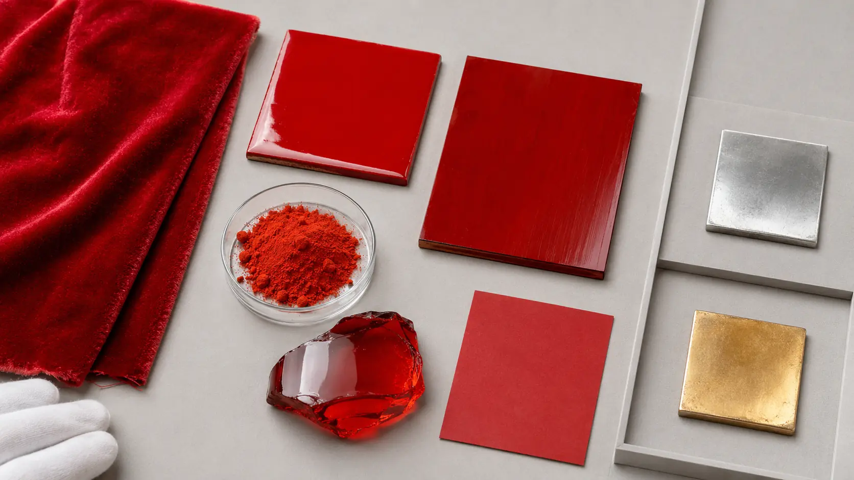 Étude de matières vermeil distinguant velours rouge, émail, pigment, laque et verre d’un échantillon séparé d’argent doré
