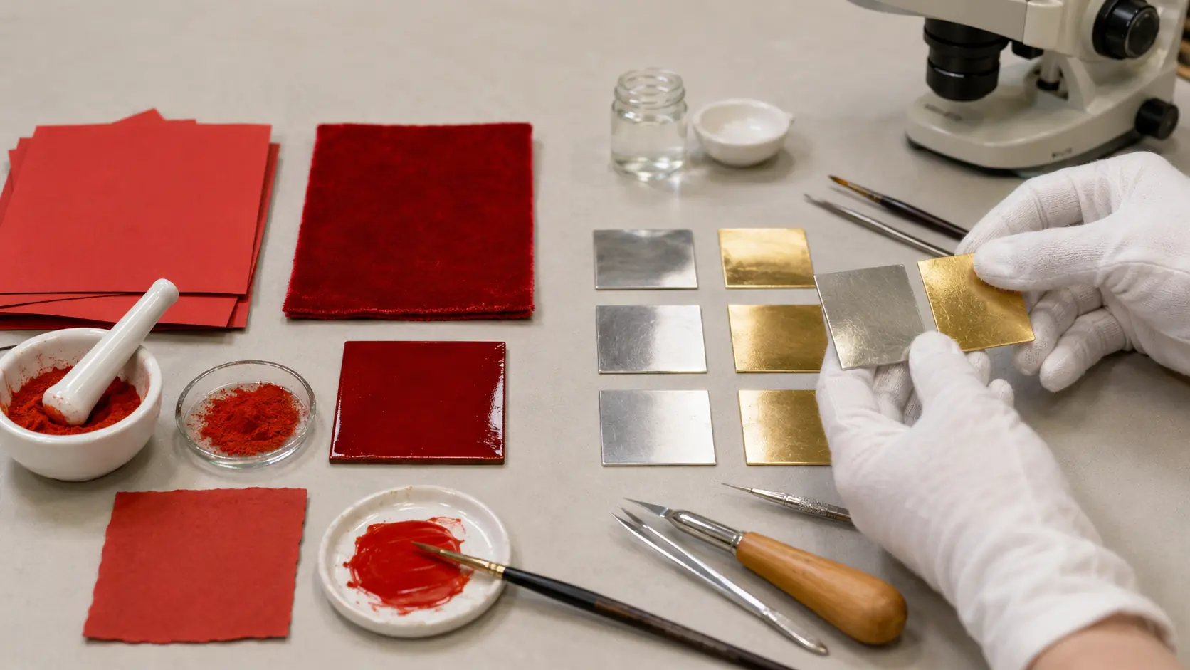 Atelier distinguant le rouge vermeil de l’argent doré, avec échantillons rouges, plaques métalliques, outils de dorure et microscope