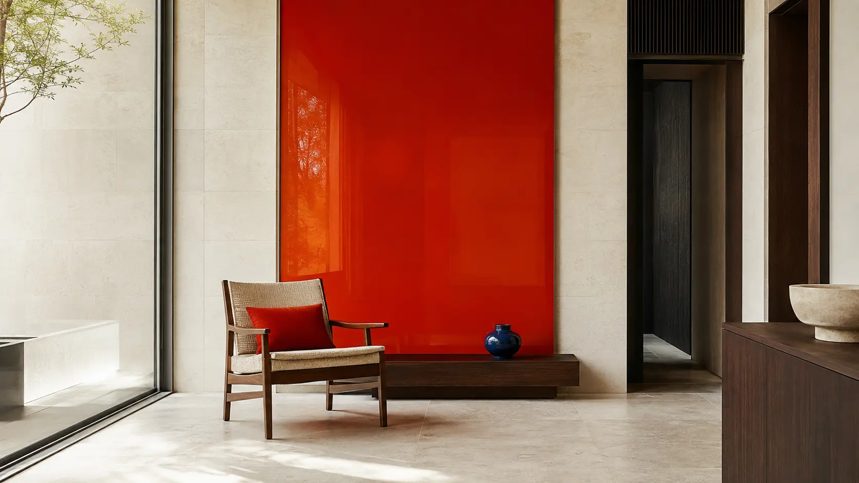 Intérieur contemporain lumineux avec grand panneau laqué vermillon rouge-orangé, assise en textile naturel, calcaire clair, noyer sombre, éléments encre et petite céramique bleu outremer
