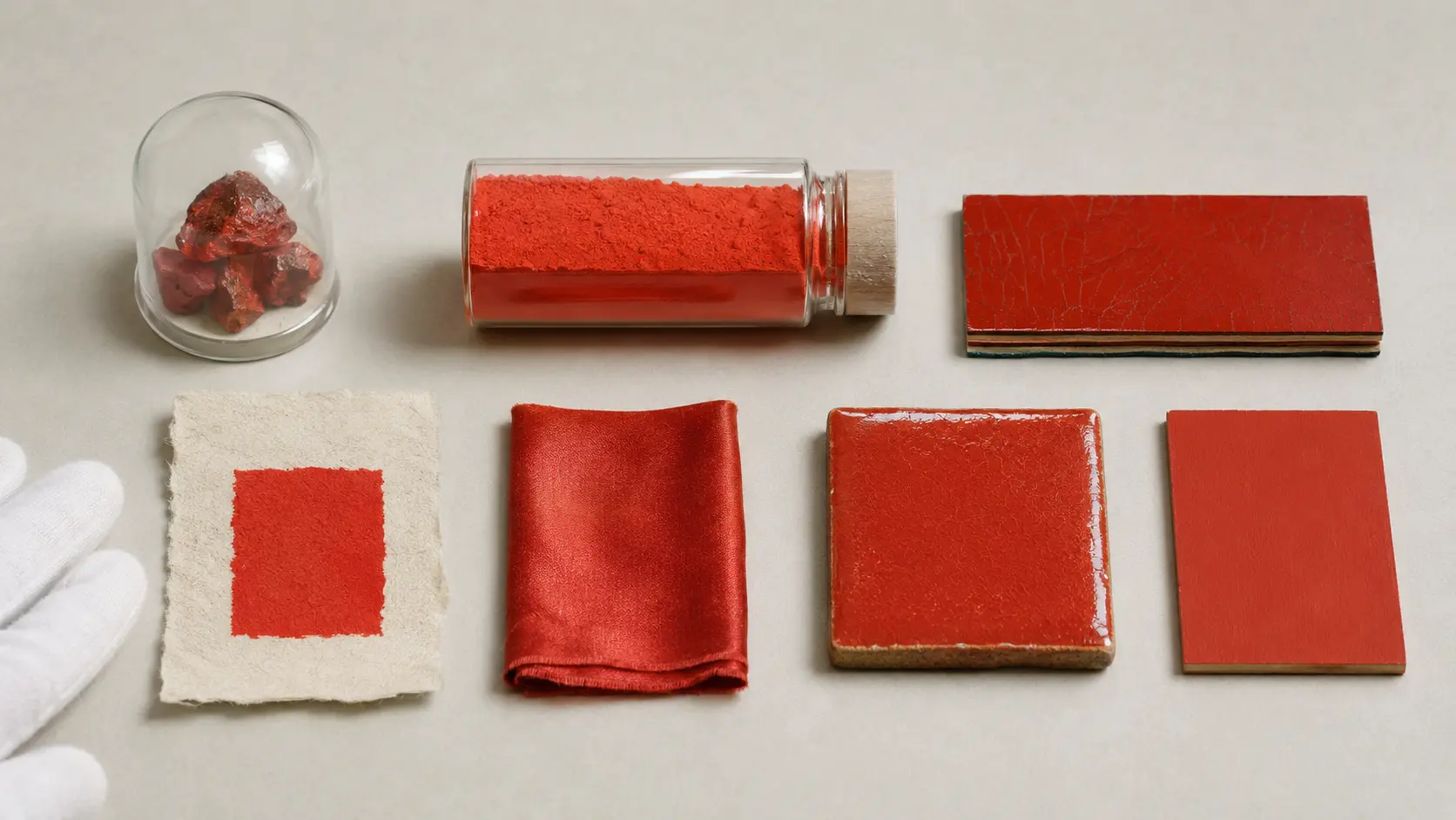 Étude de matières vermillon réunissant fragments minéraux de cinabre sous protection, pigment rouge-orangé en contenant fermé, panneau laqué, papier artisanal, soie