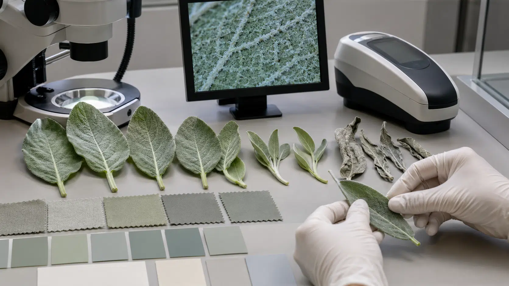 Étude du vert sauge avec feuilles fraîches et sèches, fragments sous loupe, échantillons vert grisé, cartes neutres et spectrophotomètre