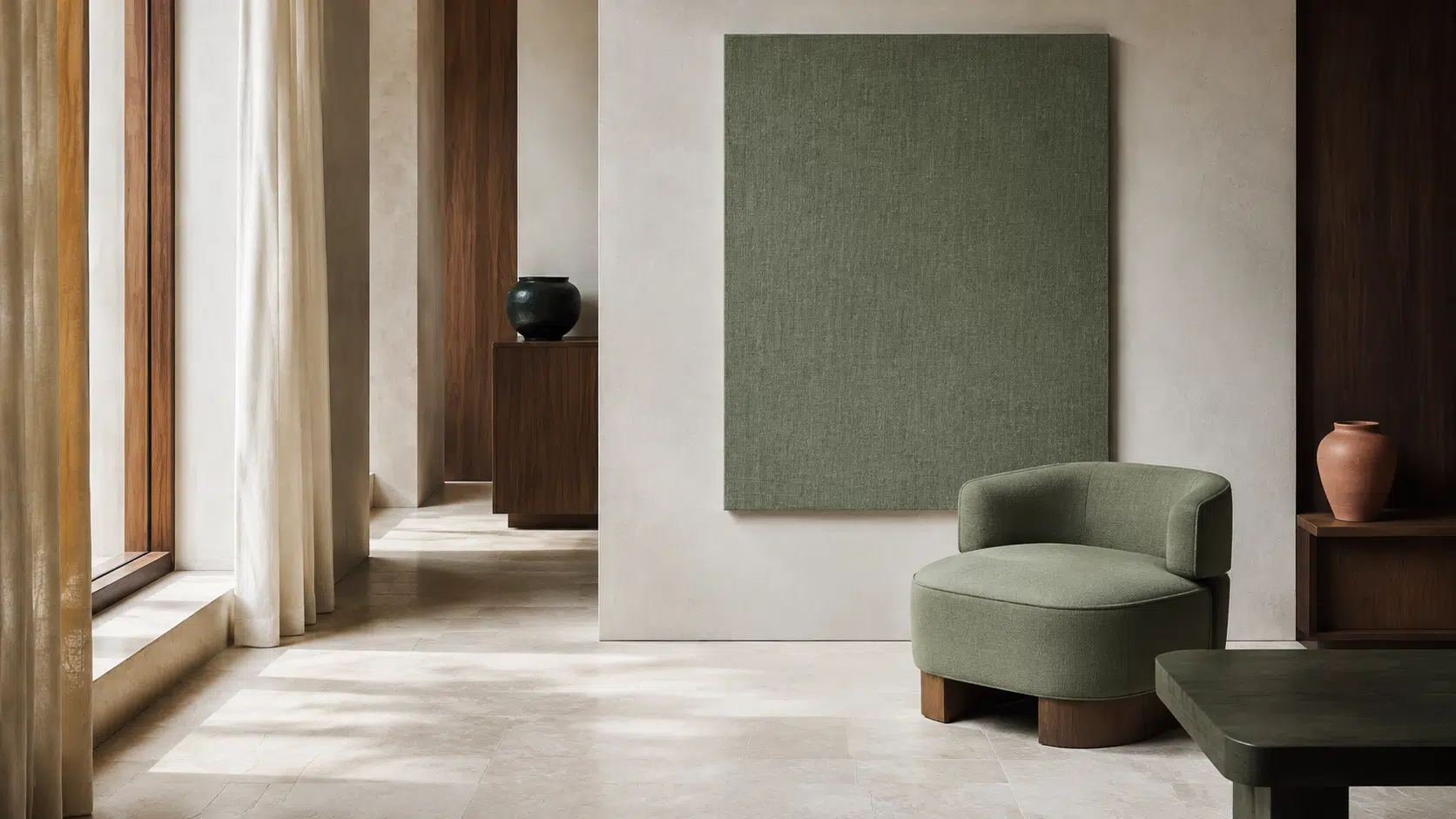 Intérieur contemporain lumineux avec grand panneau de lin vert sauge grisé, assise coordonnée, enduit minéral clair, calcaire, noyer et petite céramique terre cuite