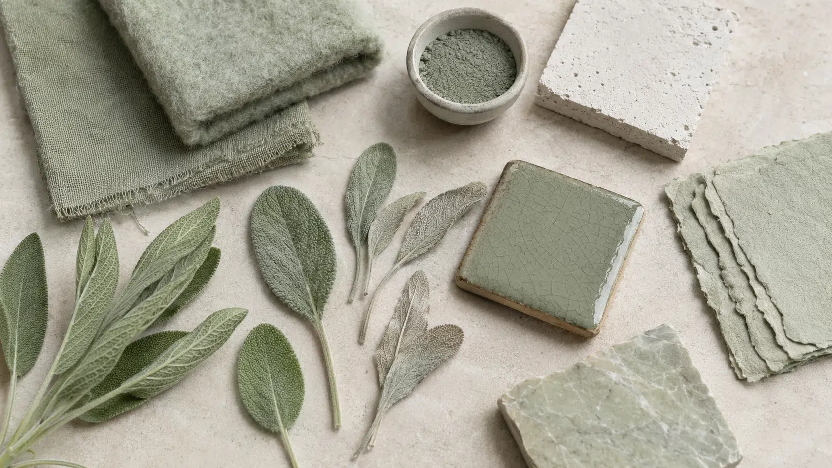 Étude de matières vert sauge réunissant feuilles fraîches et sèches de sauge, lin, laine, pigment contenu, enduit minéral, papier, céramique émaillée et pierre sous une lumière commune