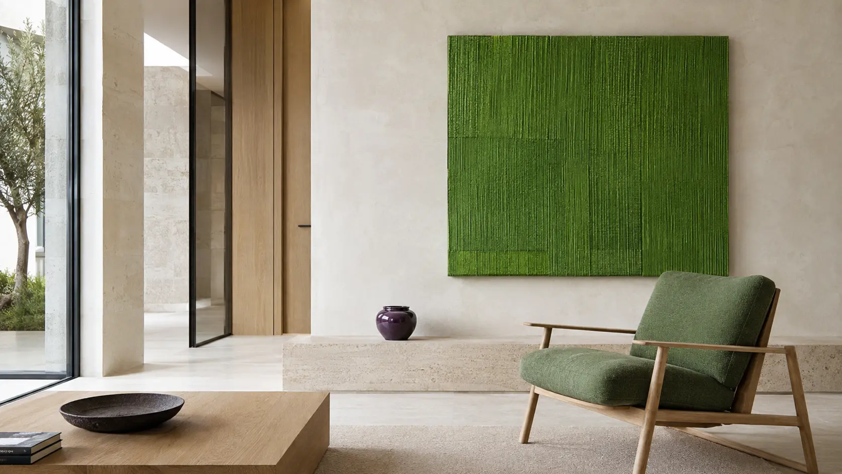 Intérieur contemporain lumineux avec grand panneau textile vert vif, assise verte, enduit minéral clair, calcaire, chêne, éléments encre et petite céramique aubergine