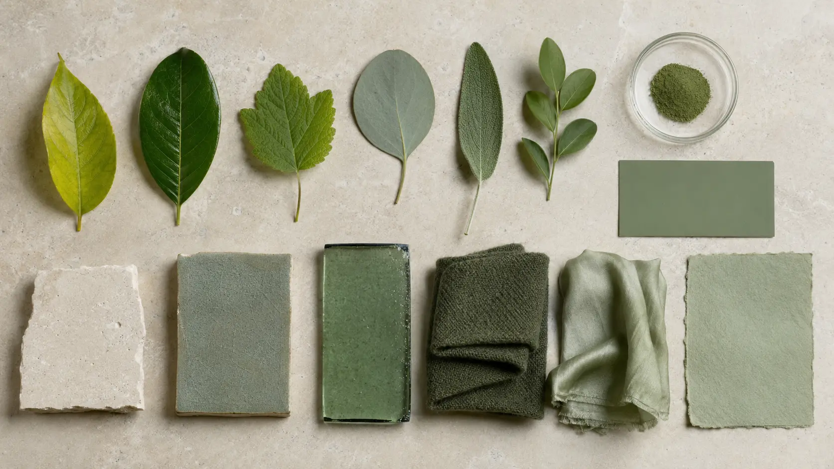 Étude de matières vertes réunissant plusieurs feuilles naturelles de teintes différentes, pigment, peinture mate, verre coloré, laine, soie, céramique émaillée