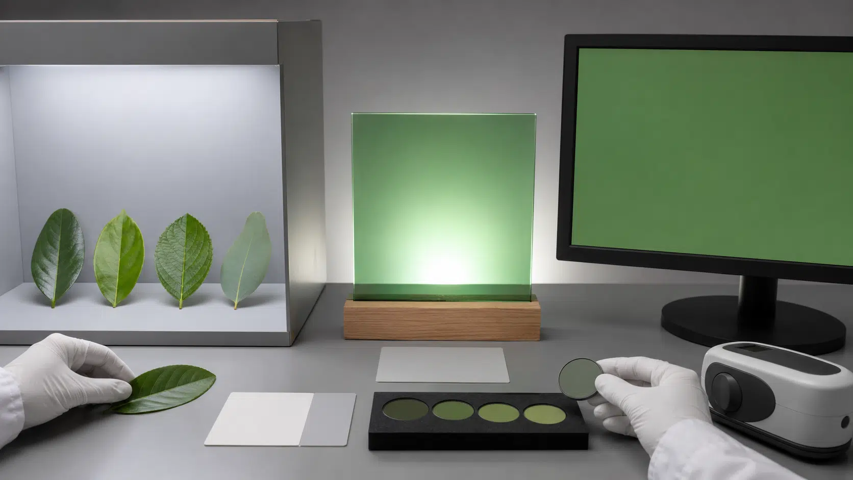 Table de laboratoire couleur avec plusieurs feuilles naturelles, échantillons de pigment et peinture verte, verre coloré éclairé par transparence, écran vert sans interface, cartes neutres