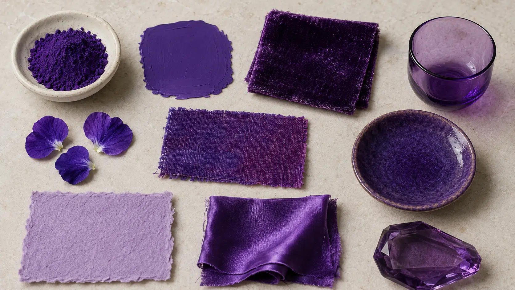 Étude de matières violettes réunissant pigment contenu, peinture mate, velours, soie, verre coloré, cristal, céramique émaillée, papier et pétales violets sous une lumière commune
