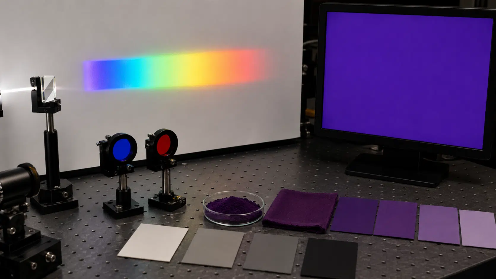 Banc optique produisant un spectre visible avec extrémité violette, écran uniforme violet sans interface, filtres rouge et bleu, échantillons pourpres, cartes neutres et instruments optiques