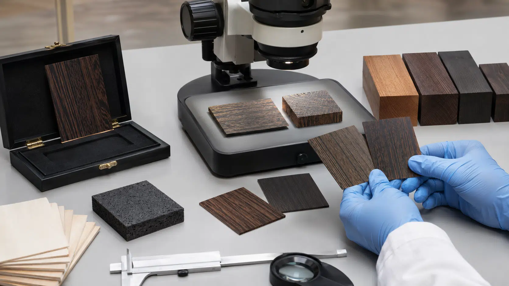Table de xylothèque avec petit échantillon protégé de bois wengé, coupes de fil et de bout observées sous microscope, placages de chêne teinté, bois thermo-traité et composite sombre