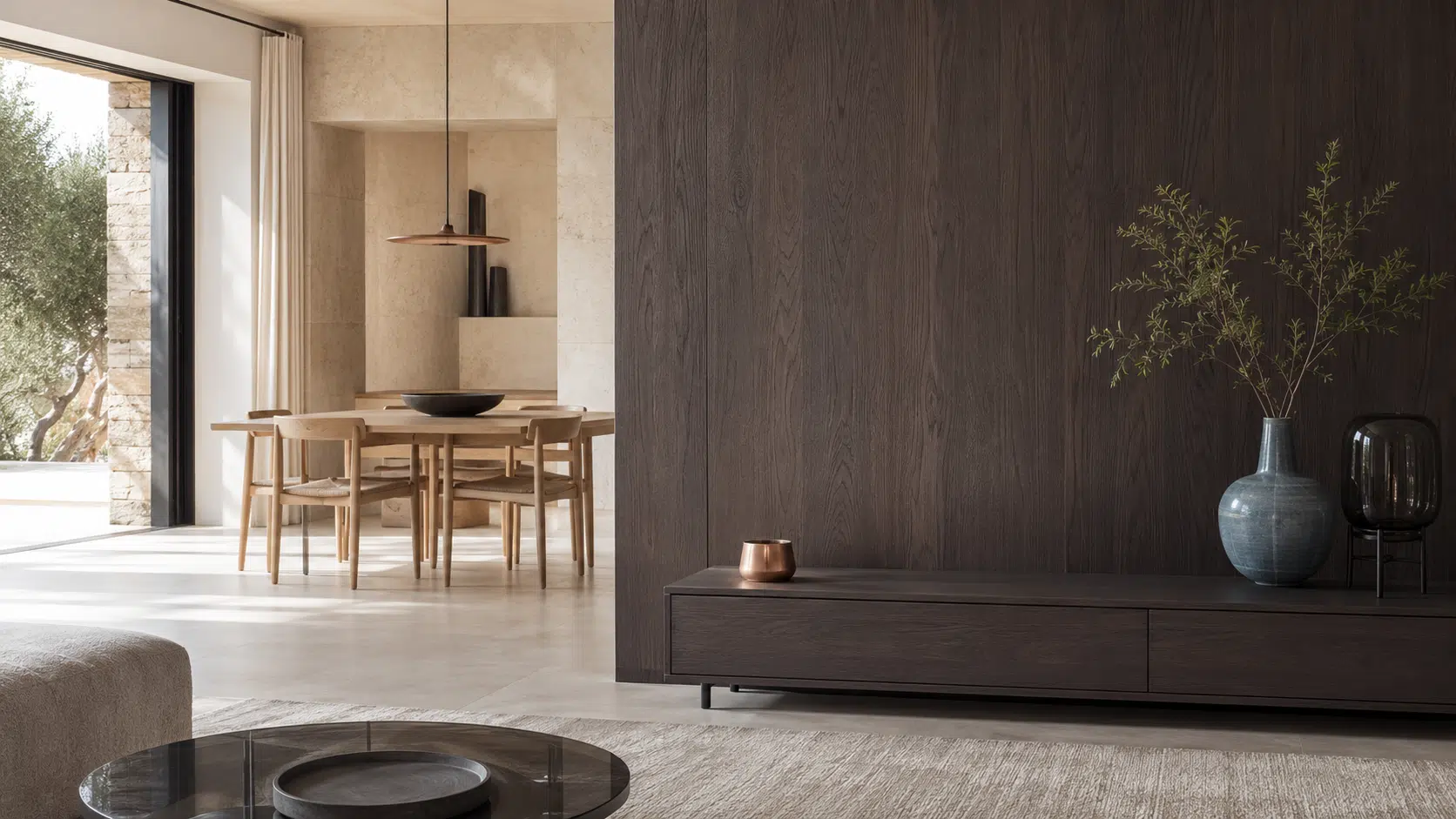 Intérieur contemporain lumineux avec grand panneau de bois sombre veiné teinte wengé, mobilier brun-gris, calcaire clair, lin écru, verre fumé et petite céramique bleu grisé