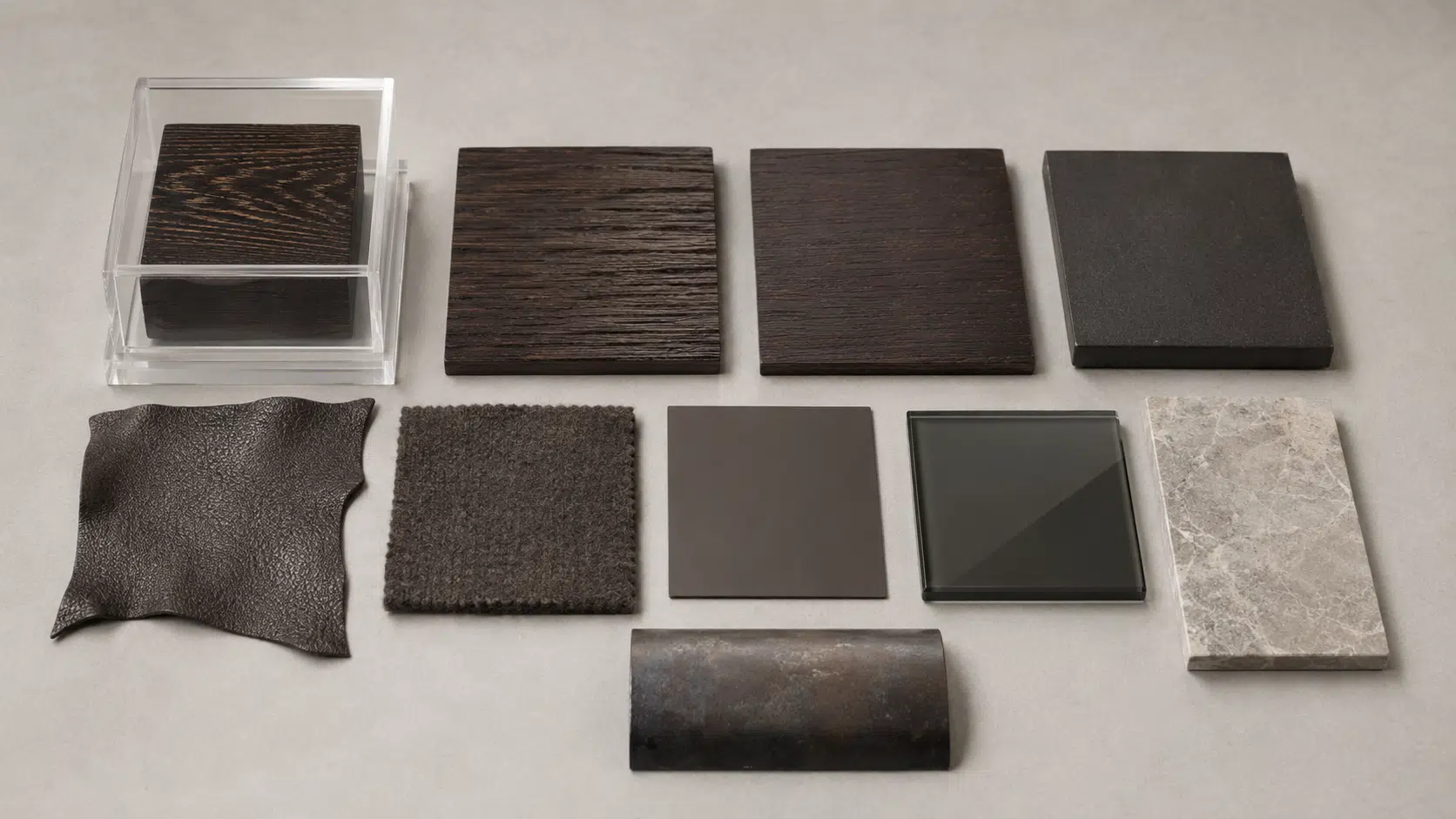 Étude de matières wengé réunissant petit échantillon de bois sombre veiné, placage de chêne teinté, bois thermo-traité, cuir, laine, peinture mate, verre fumé
