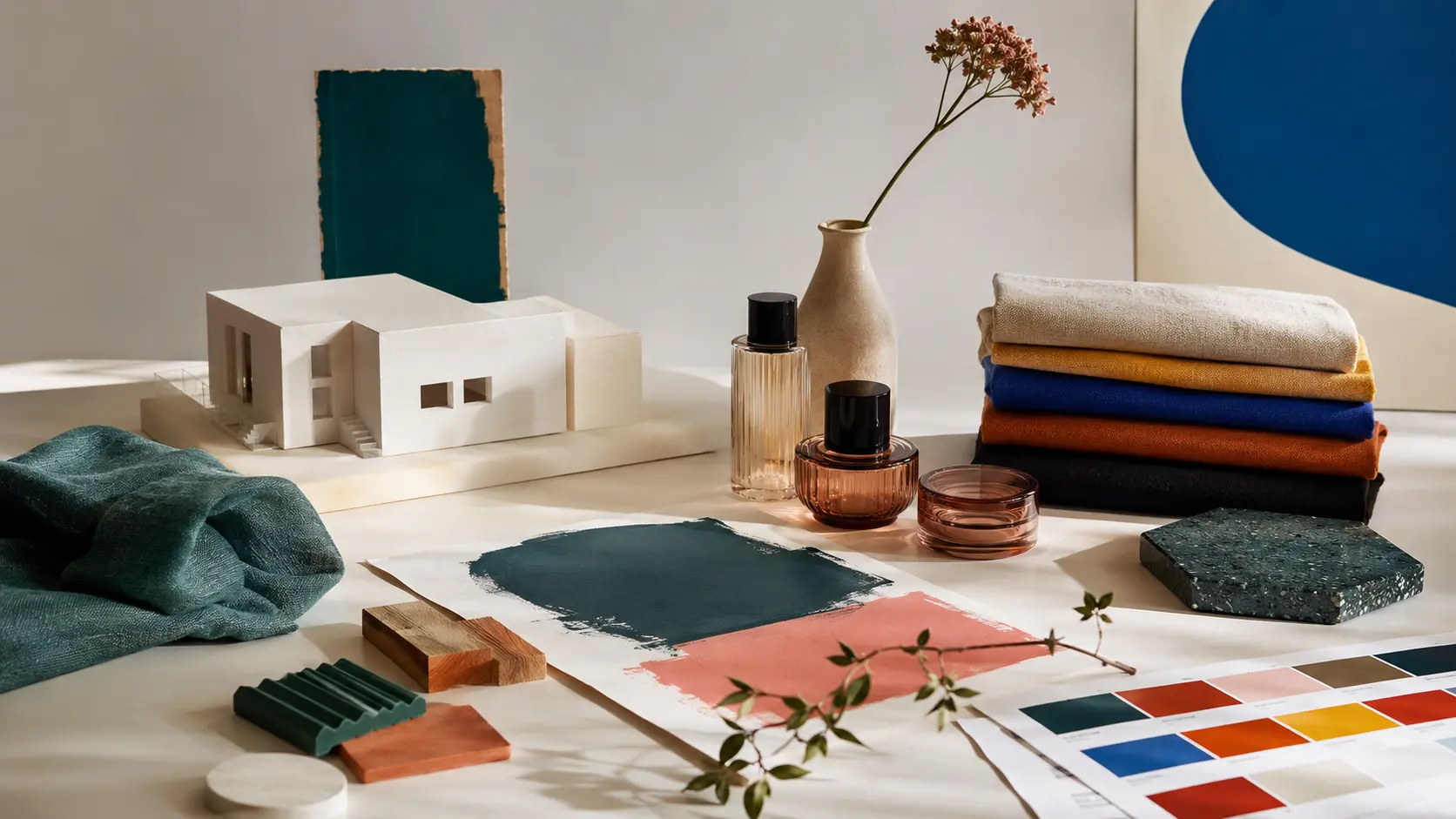 Architecture, textiles et échantillons de couleurs dans un studio de design