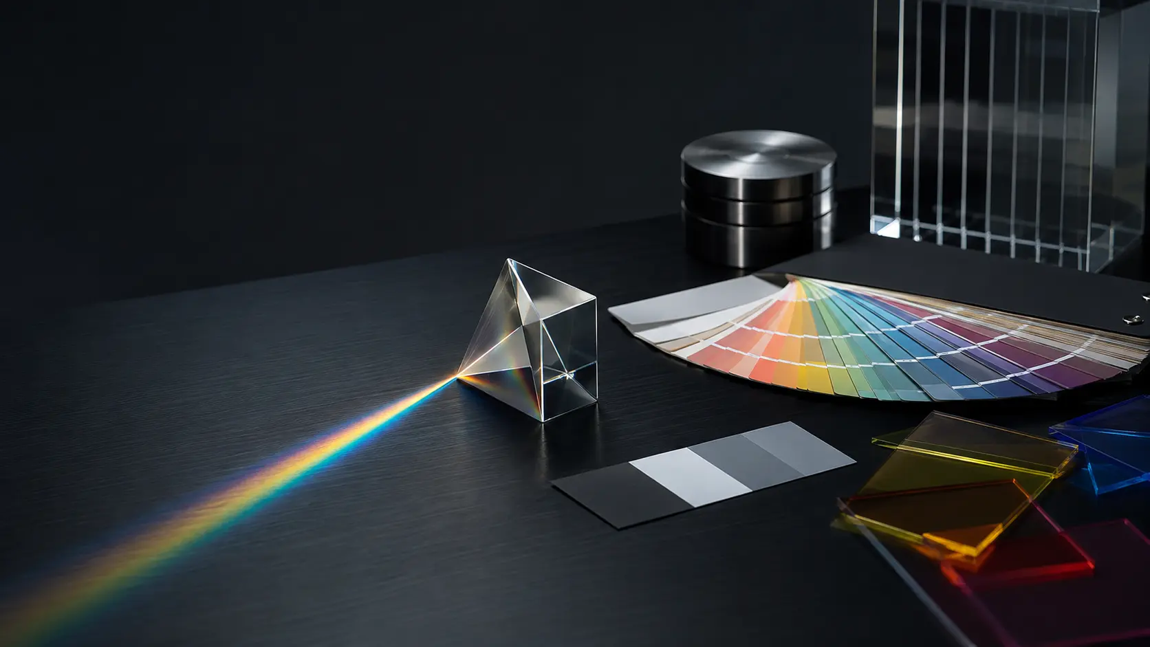 Prisme, nuancier et filtres colorés dans un laboratoire de design