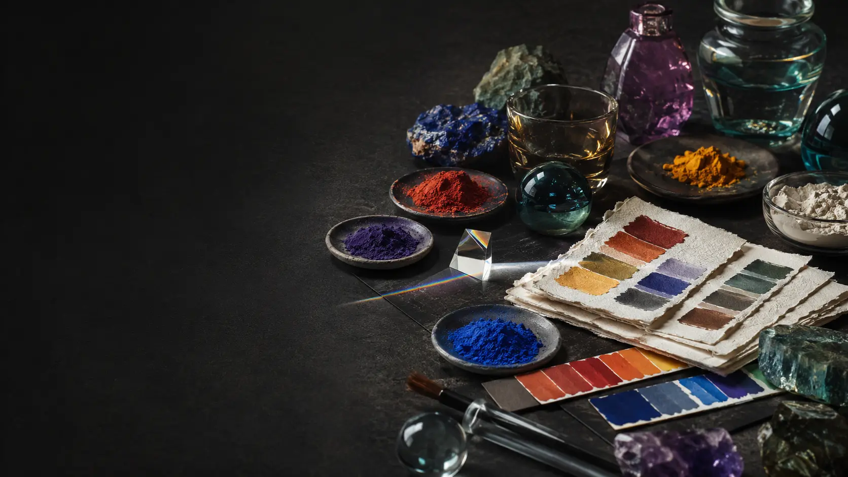 Pigments rouges, jaunes, bleus et verts présentés comme matières d’atelier